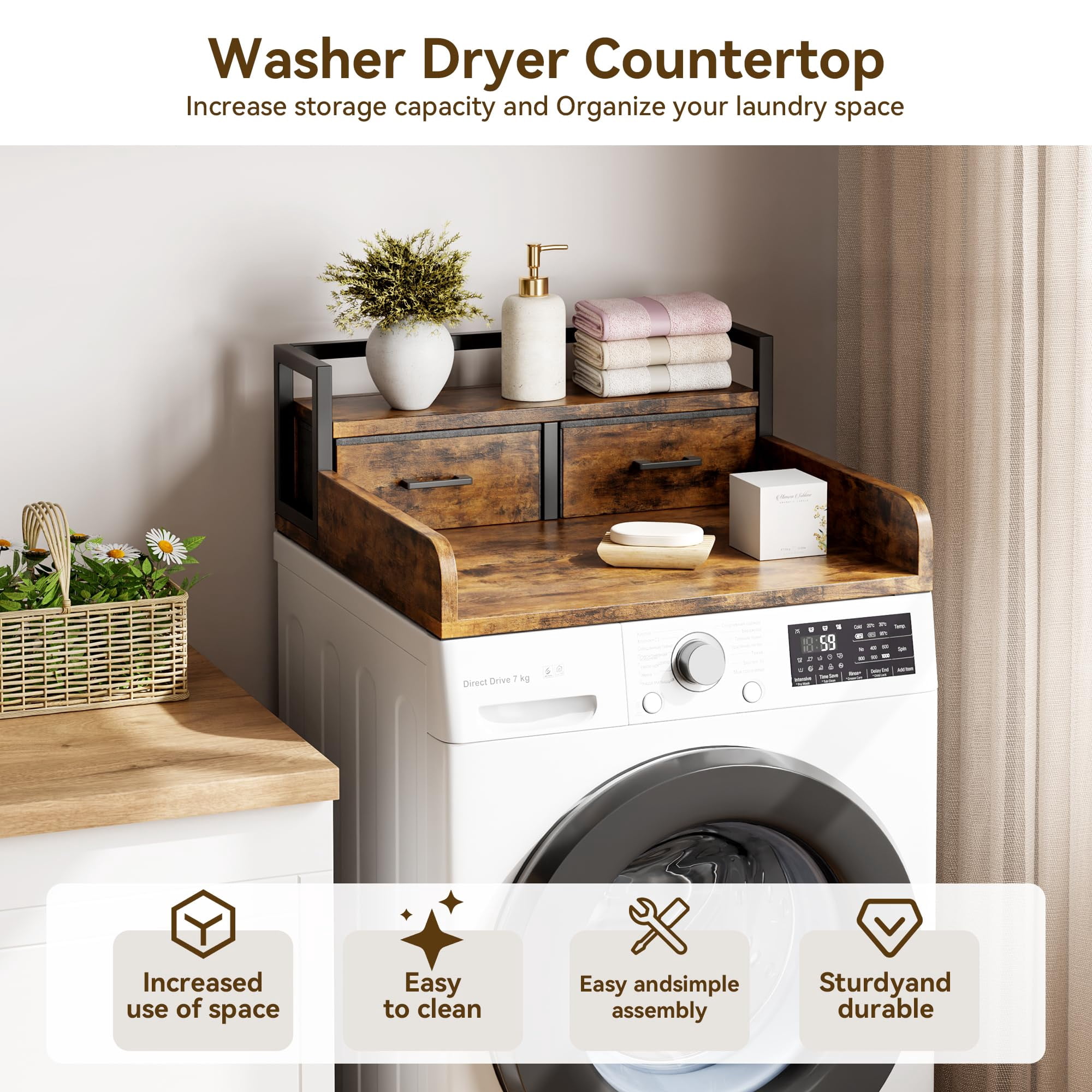 Studyset 2-Tier Washer Dryer Countertop, Laundry Countertop Organization, Washing Machine Countert with Shelf and 2 Drawers, Wooden Washer and Dryer Topper with High Guardrails for Laundry