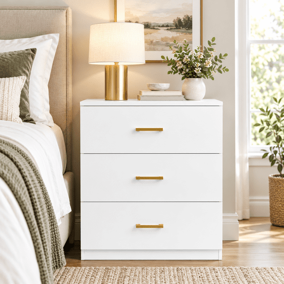UHOMEPRO Nightstand, Modern 3 Drawer Nightstand, White Nightstand with Gold Handle, Wooden Bedside Storage Cabinet Unit for Bedroom/Small Space