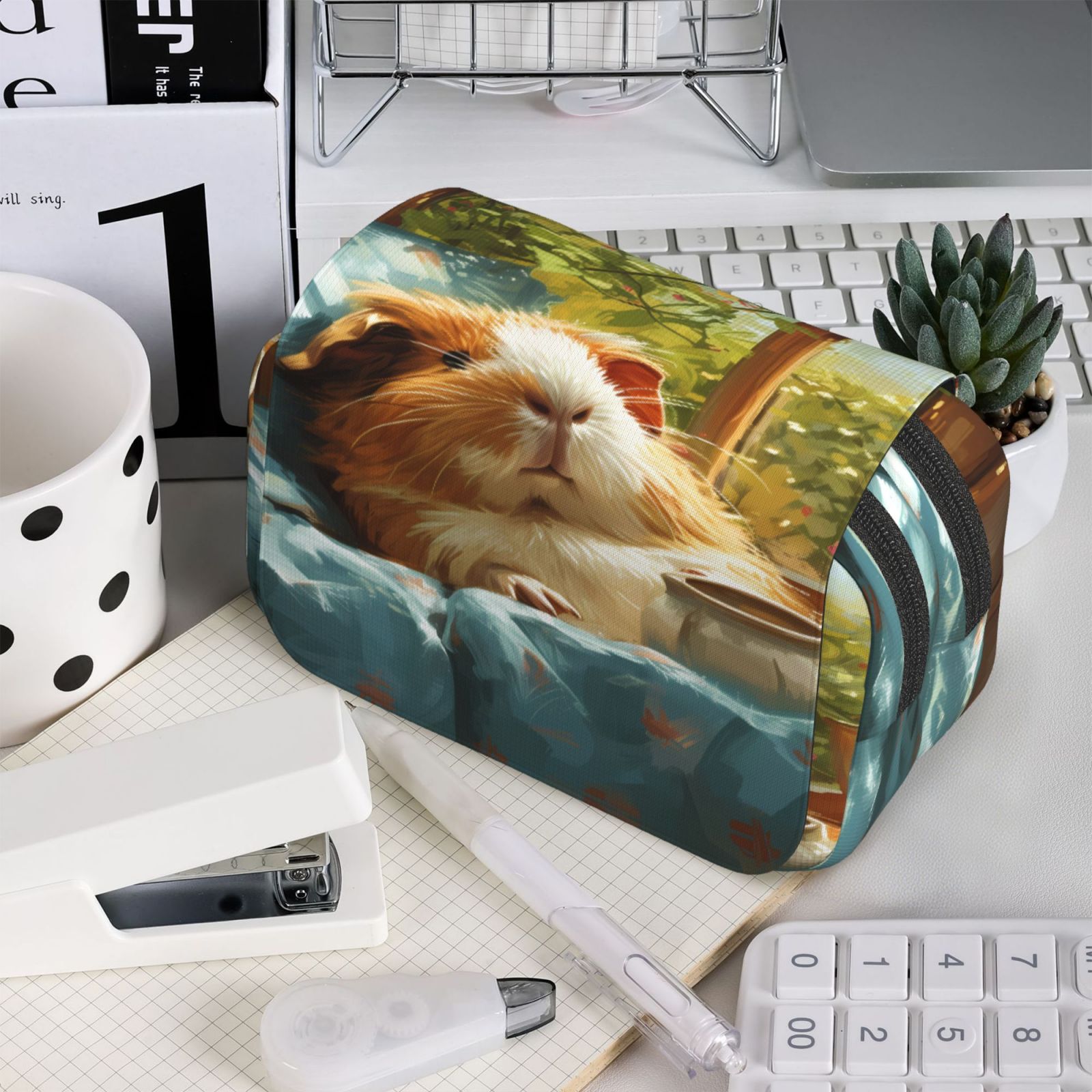 Rateoe Lazy Home Style Guinea Pig Pattern Double Clamshell Pen Case, Storage Organizer with Two Zipper Compartments– Holds Up to 50 Pencils & Pens
