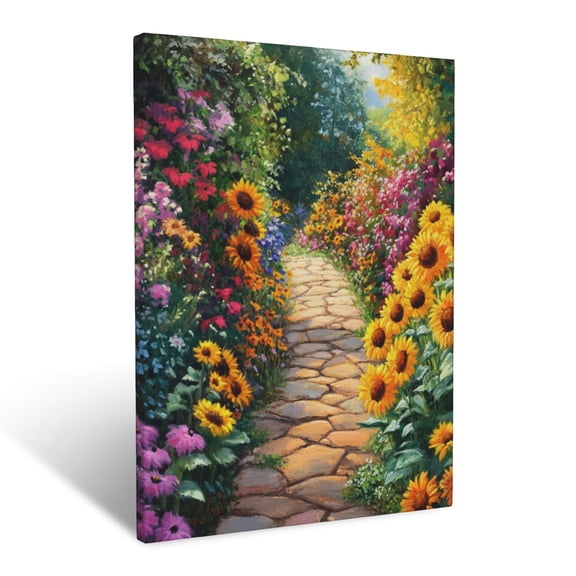 CozyNet Bright Garden Pathway Framed By Sunflowers And Multicolored Blooms Wall Art Prints With Frame Canvas Perfect for Living Room & Bedroom, Ready to Hang, Wall Decor 12"x16"in