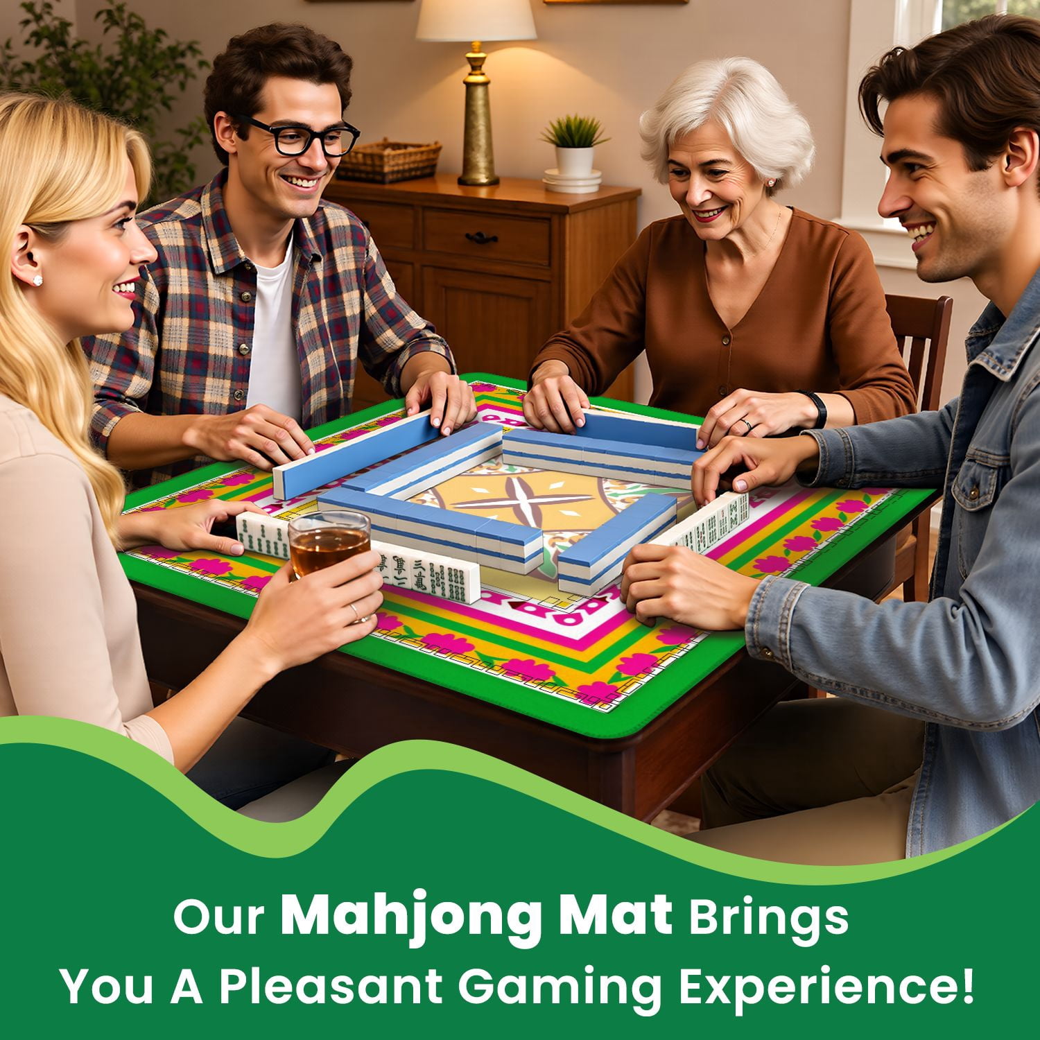 Mahjong Mat 31.5" x 31.5" Vibrant Geometric Floral Pink Green Yellow Symmetrical Design Non-Slip Noise Reduction American Mahjong Tiles Table Cover for Dominoes Poker Card Board Games Gift