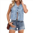 thumbnail image 3 of Camisetas Sin Mangas de Mezclilla con Lazo Frontal para Mujer, Camisetas Informales de Cuello Redondo Sin Mangas con Volantes para y Verano Azul M, 3 of 9