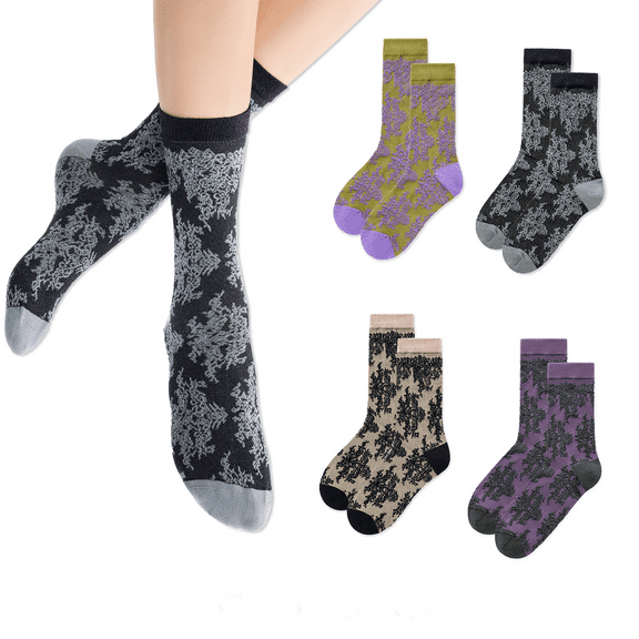 Gaoso 4 Packs Floral Socks for Women - Colorful Novelty Crew Socks with Fun Floral Patterns Comfy Combed Cotton Everyday (Purple/Green/Black/Gray)