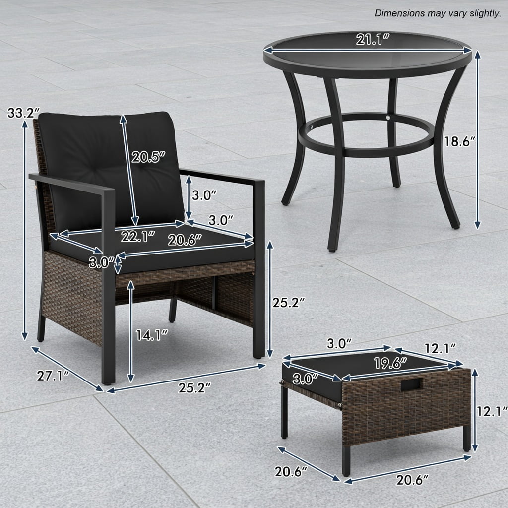 Hommoo 4-Piece Modern Outdoor Wicker Furniture Set with Tempered Glass Coffee Table, PE Rattan & Metal Frame, Black