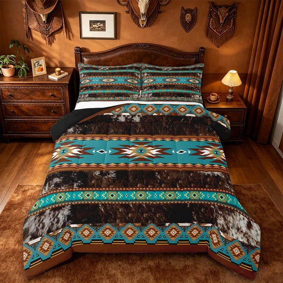 jejeloiu Southwestern Geometric Full Size Comforter Sets,Cowhide Pattern Bedding Comforter Set For Boys,Turquoise Brown,Black Reversible,3 Pieces,1 Comforter and 2 Pillowcases