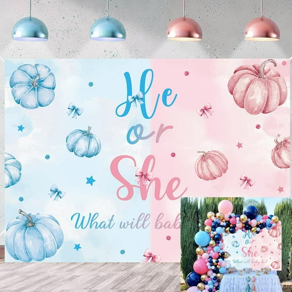 Pumpkin Theme Gender Reveal Beautiful Backdrop Fall Theme Boy or Girl Banner Baby Reveal Photography Background He or She Baby Shower Party Wall Decor