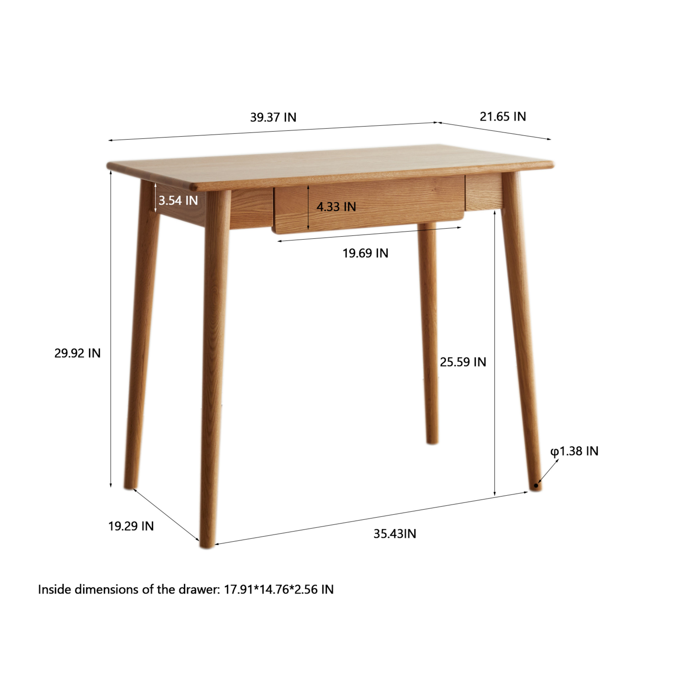 100% Solid Oak Wood Computer Desk, Slim Study Table with Storage Drawer, Natural Wood Grain Work or Dressing Table, Simple Home Office Furniture, Oak