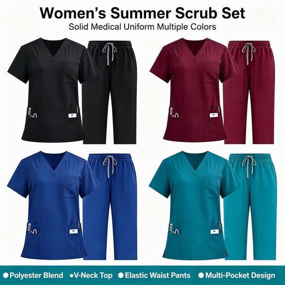 Sokhug Scrubs for Women Set V-Neck Top and Drawstring Joggers Pants Nursing Uniform Solid Stretch Workwear