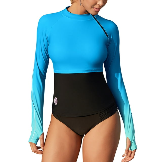 Charmo Hauts de Bain pour Femmes à Col Rond, Grandioses, UPF 50+, Maillot Dermoprotecteur, Chandails de Bain à Manches Longues avec Trou pour le Pouce