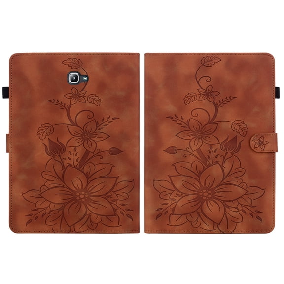 FJLBDE Case for Samsung Galaxy Tab A 10.1 2016 SM-T580 T585 T587, Embossed Flower PU Leather Flip Wallet Folio Stand Cover, Brown
