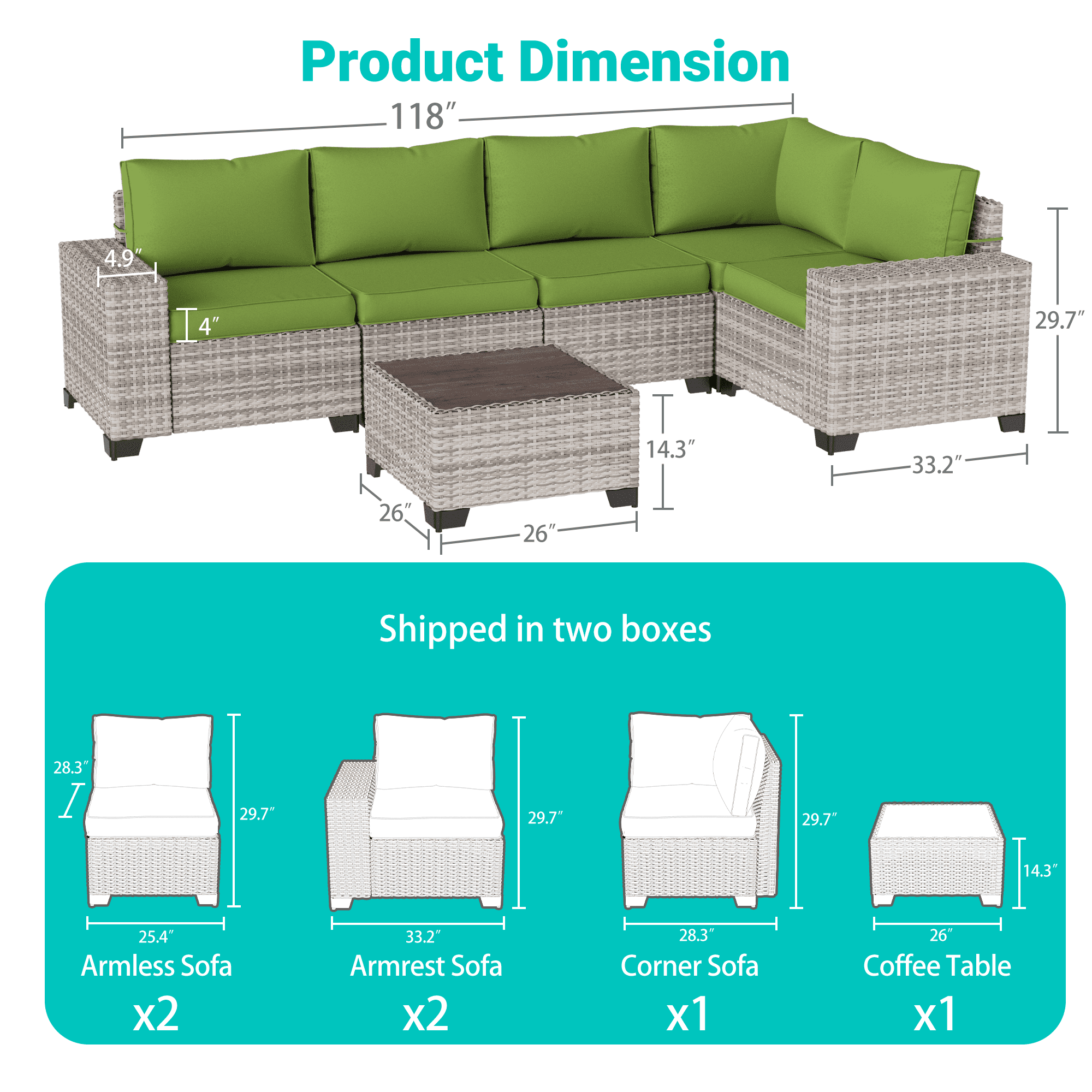 6-Piece Outdoor Patio Furniture Set, PE Wicker Rattan Sectional Sofa Conversation Set with Tempered Glass Table & Thick Cushions - All-Weather Garden, Backyard Furniture,Grass Green