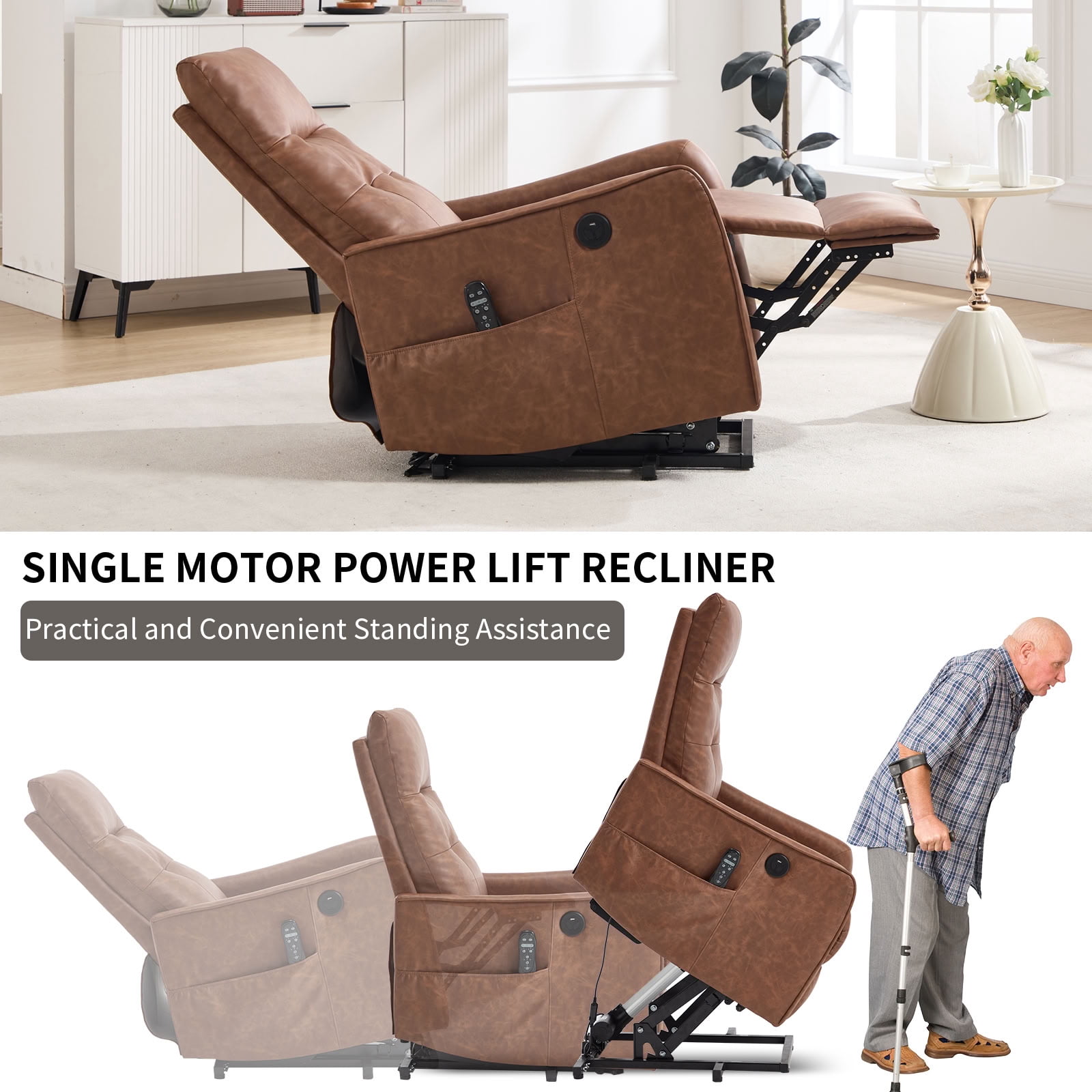 MAYEERTY PU Leather Power Lift Recliner Chair for Elderly, Single Motor Electric Lift Chair with 8-Point Massage & Lumbar Heat, USB Charging Port, for Living Room