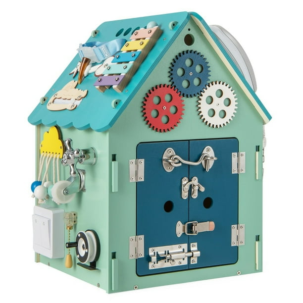 Costway Casa de Actividades de Mader con Juegos Sensoriales y Espacio de Almacenaje Interior Juguete Educativo para 3+ Años 33 x 33 x 45 cm Azul