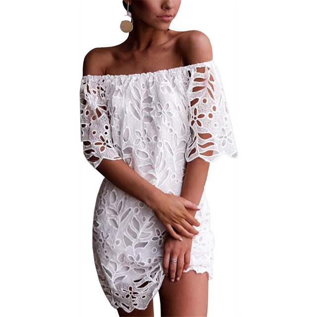 Mini vestido elegante holgado de manga corta con encaje floral vintage y hombros descubiertos para mujer Adepaton WRMH-229-15