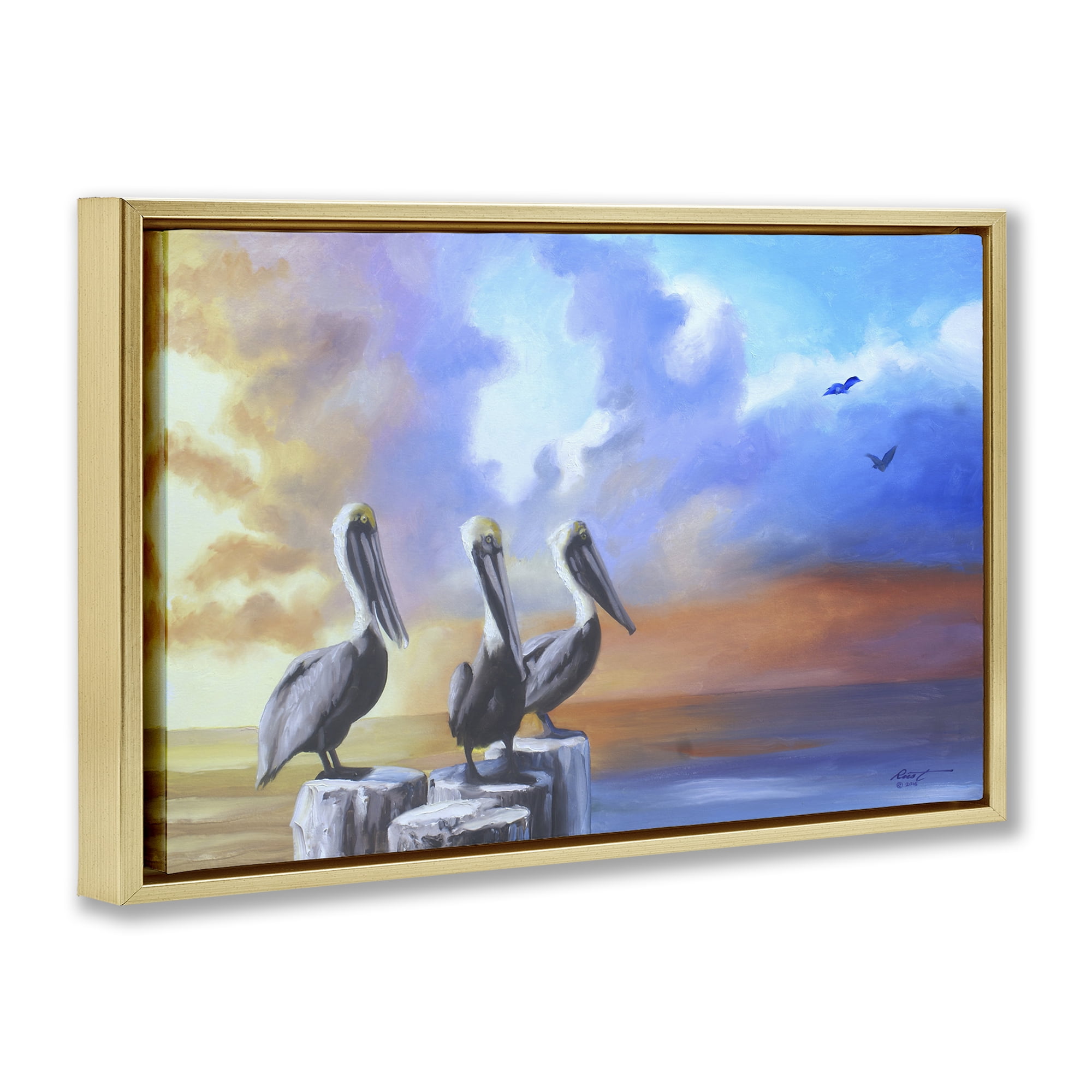 Stupell Industries Vivid Pelican Trio Landscape Painting Gold Floater Framed Canvas Art Print Wall Art, 31 x 21