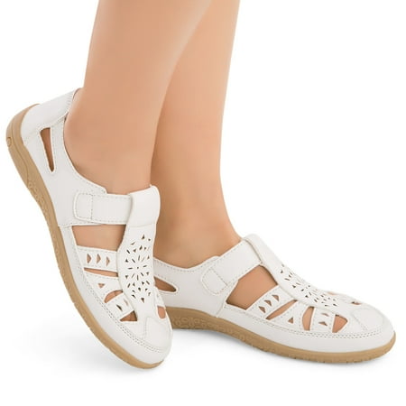 - Laser Cut Out Cushioned Slip-On Shoes with Skid-Resistant Soles, Easy-Touch Strap Closure, 9, White