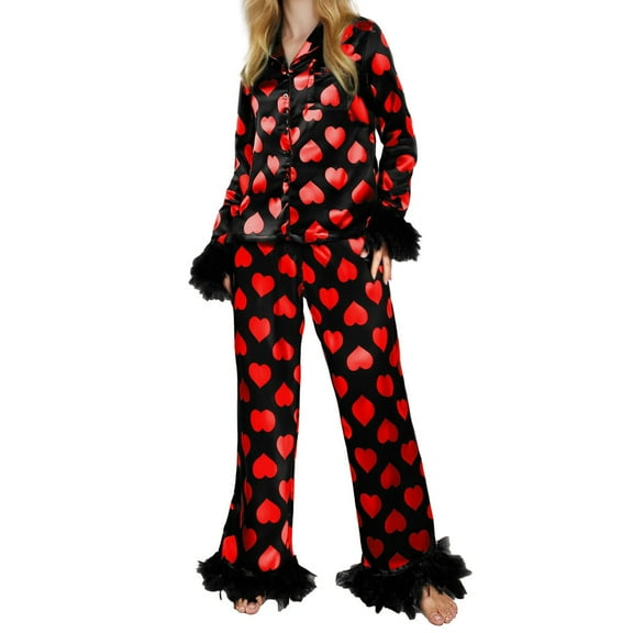 Womens Satin Pajama Set Valentines Pjs Women Long Sleeve Heart Print Feather Trim Sleepwear Soft Button down Loungewear Matching Pajama Set