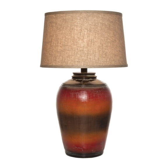 Ruhi 31 Inch Table Lamp Curved Pot Multicolor Drum Shade Brown Orange - Saltoro Sherpi