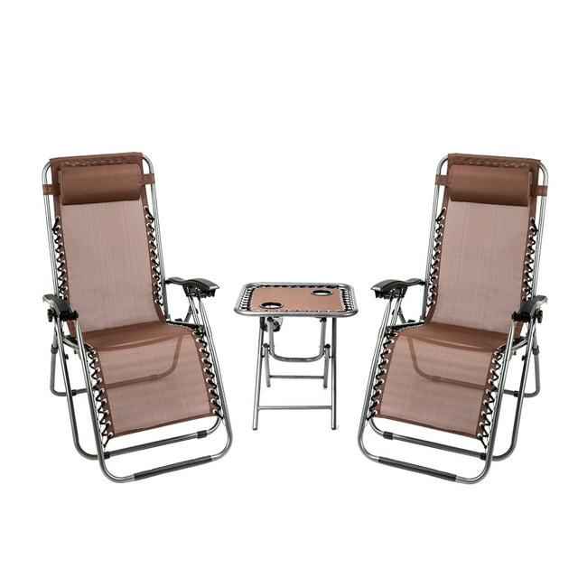 Outdoor Folding Chaise Lounge Set, Set of 2 Zero Gravity Lounge Chair Brown with Portable Cup Holder Table Sun Lounger Garden Chairs Folding Recliner