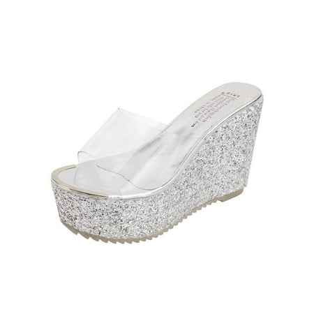 - Meigar Womens Slippers High Heels Platform Shoes Clear Peep Toe Sequins Wedge