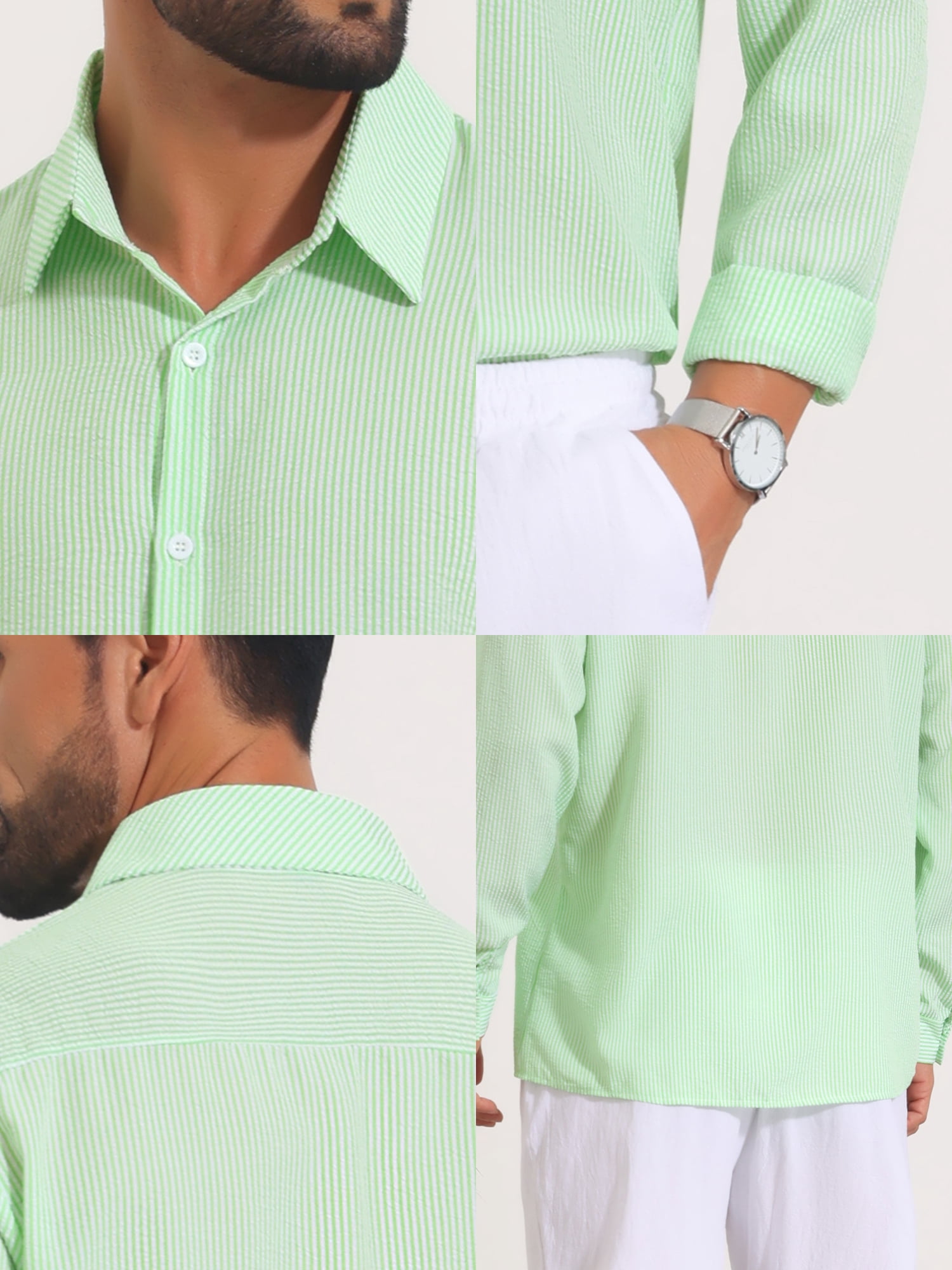 DARING DIVA Men's Seersucker Long Sleeve Button Down Textured Striped Shirts M Green