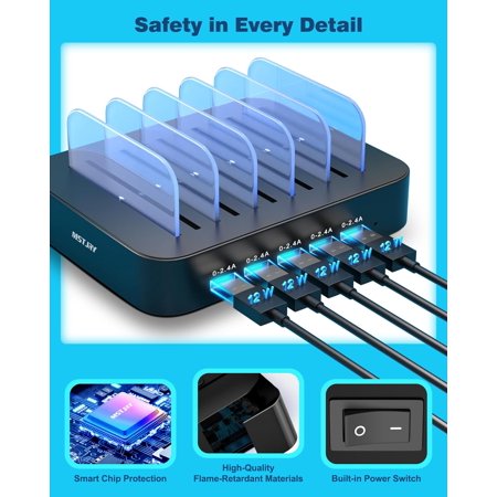 YUYAN-Charging Station for Multiple Devices : 5 Port Multi USB-A Charger Stations Multi-Device Organizer Charging Dock Designed for iPhone iPad Cell Phone Tablets (7 Short Cables Included) Black