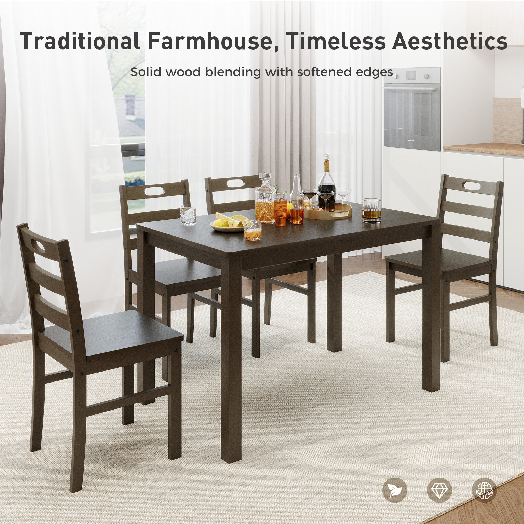 Alpha Joy Farmhouse Dining Table Set for 4 Solid Wood Kitchen Chairs and Table Set, Dark Walnut