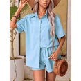 thumbnail image 7 of APAFES Women Summer Cotton Linen Short Sets 2 Piece Shorts Top Lounge Beach Vacation Two Piece Outfits Tracksuits Sky Blue M, 7 of 7