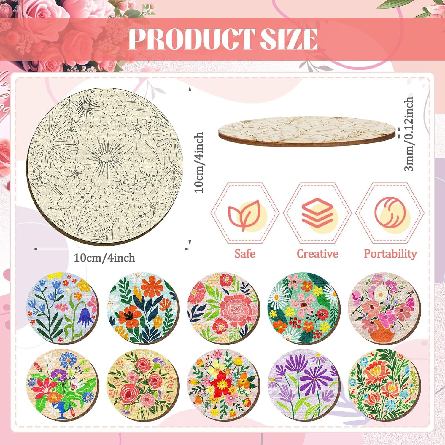 45 Pcs Flower Wooden Coasters Painting Kit, 4 Inch Paint Your Own Boho Coasters with Markers, Arts and Crafts for ults Women Seniors Elderly Crafters Gifts