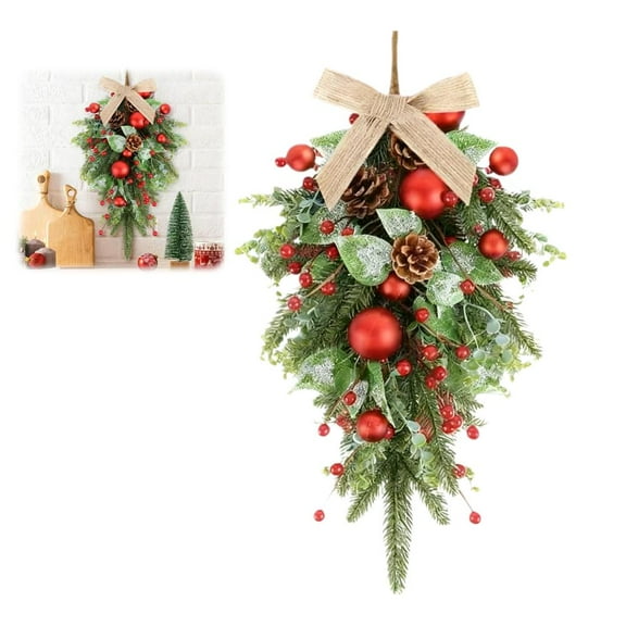 Christmas Swag with Brass Bell Norfolk Pine Teardrop Swag, 23.6 Inch Artificial Christmas Teardrop Wreath for Front Door Window Mantle Fireplace Wall Indoor Outdoor Decor