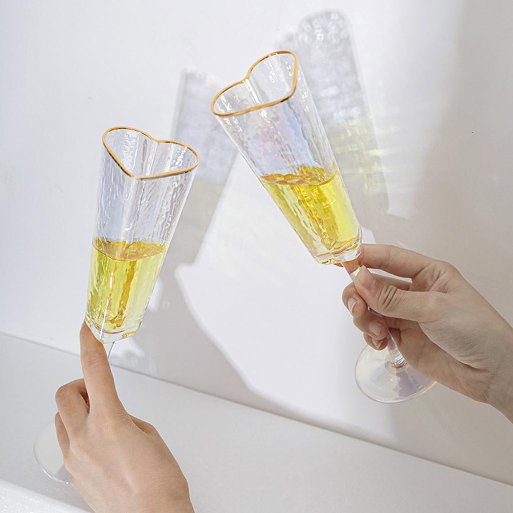 hejhncii 2Pcs Champagne Flute Goblet Elegant Heart Shape Gold Rimmed Glass Cup Drinkware