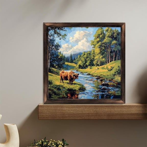 Highland Cow River Trees Landscape Wooden Sign Wall Plaque - Vintage Art Decoration, Wall Decoration - Ideal Gift For Home Decoration, Living Room, Bathroom, Bedroom, Garden, Dining, Bar, Cafe, Fes