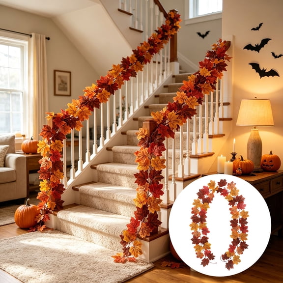 Fall Maple Leaf Hanging Vine, Lifelike Autumn Garland Decoration, Flexible Fabric Foliage Ornament For Fireplace Mantel Door Frame Wall Background Thanksgiving Halloween Home Decor