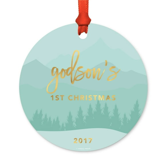 Metal Christmas Ornament, Godson's 1st Christmas 2017, Winter Wonderland Forest, Includes Ribbon and Gift Bag