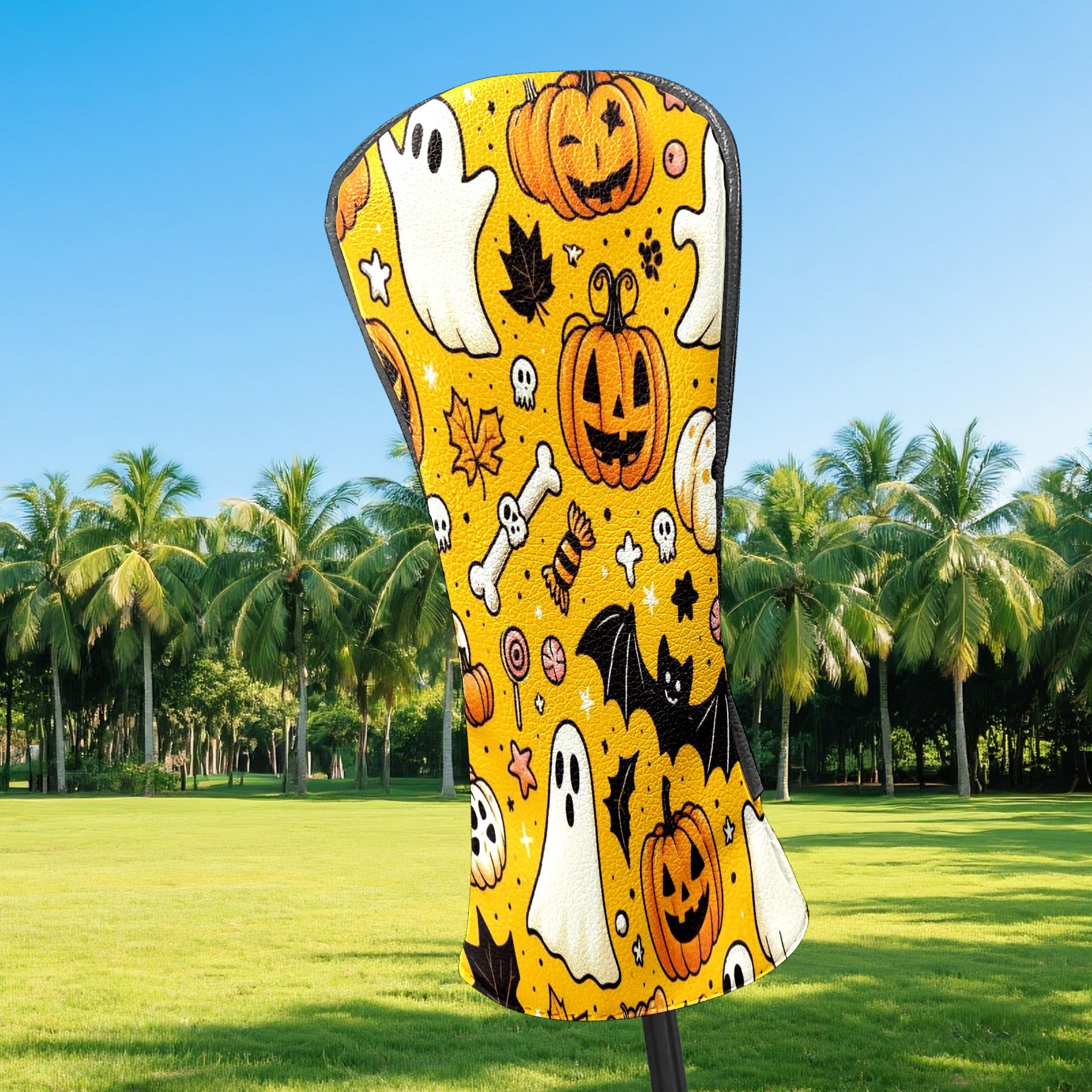 Golf Club Covers, Yellow Ghost Pumpkin Premium PU Leather Driver Hybrid Putter Head Covers with Velvet Lining, Waterproof Golf Gifts for Men Women