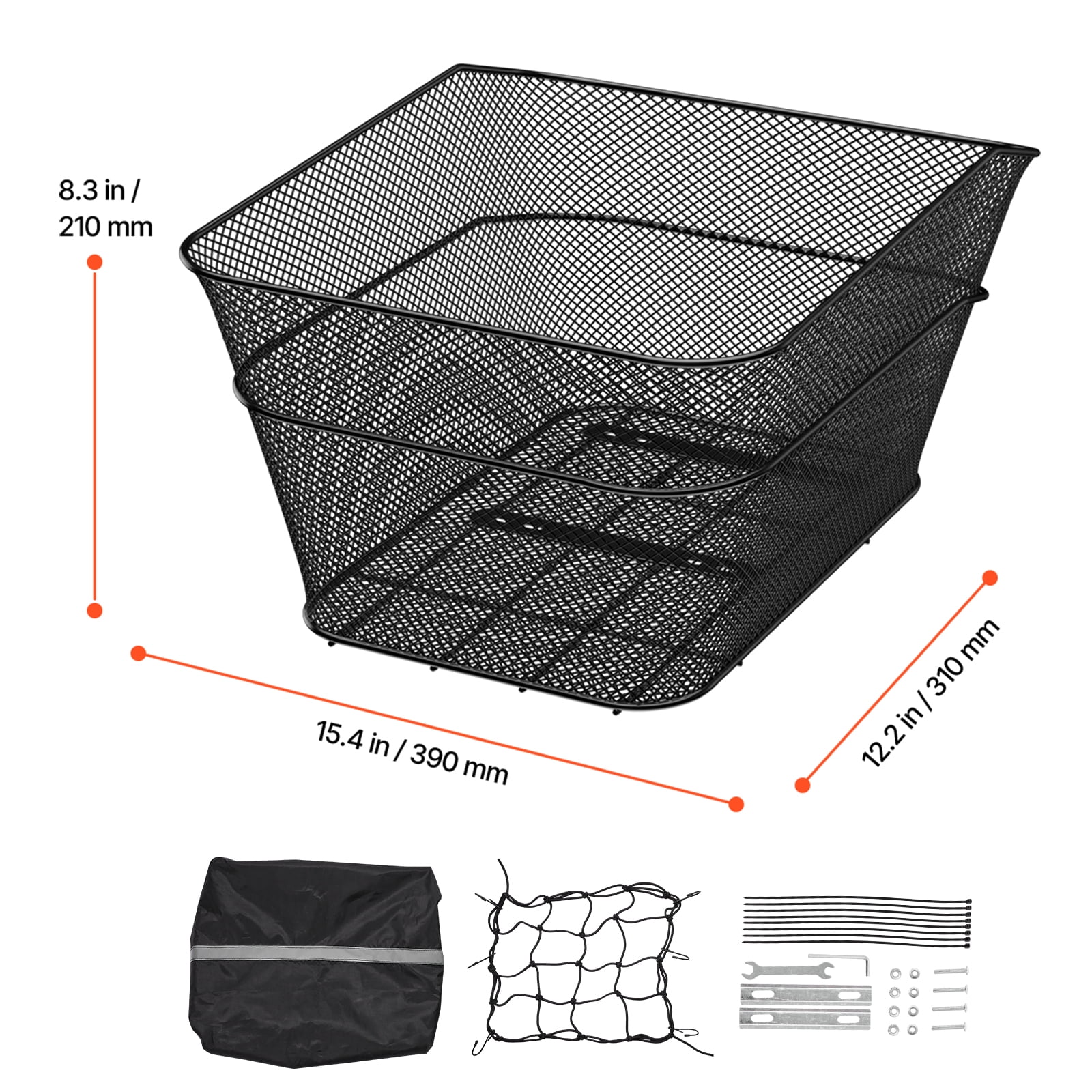KFFKFF Rear Bike Basket, Durable Metallic Mesh Cycling Basket with Cargo Net & Weatherproof Cover, Robust Metal Back Bicycle Basket, Fits Most Rear Bike Racks, Mounting Hardware Included