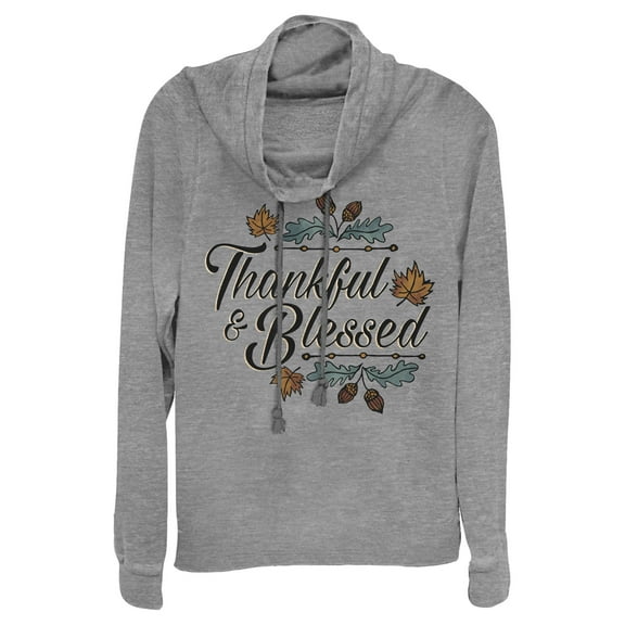 Junior's Lost Gods Thankful and Blessed  Cowl Neck Sweatshirt Gray Heather Small