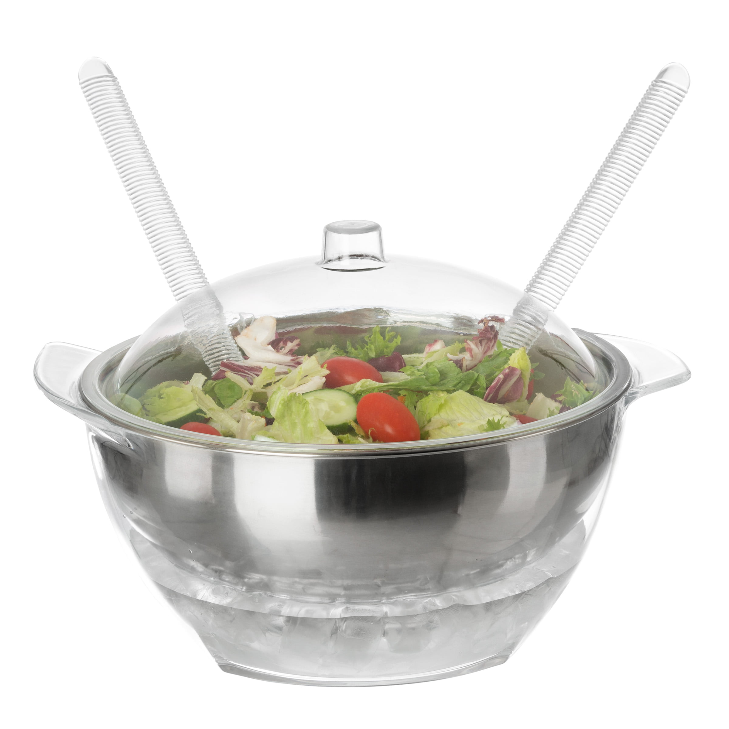 Salad Bowl with Lid and Utensils-5PC Cold Serving Dish Set with Ice  Chamber-For Chilled Pasta, Potato Salad, Fruit and More by Classic Cuisine  