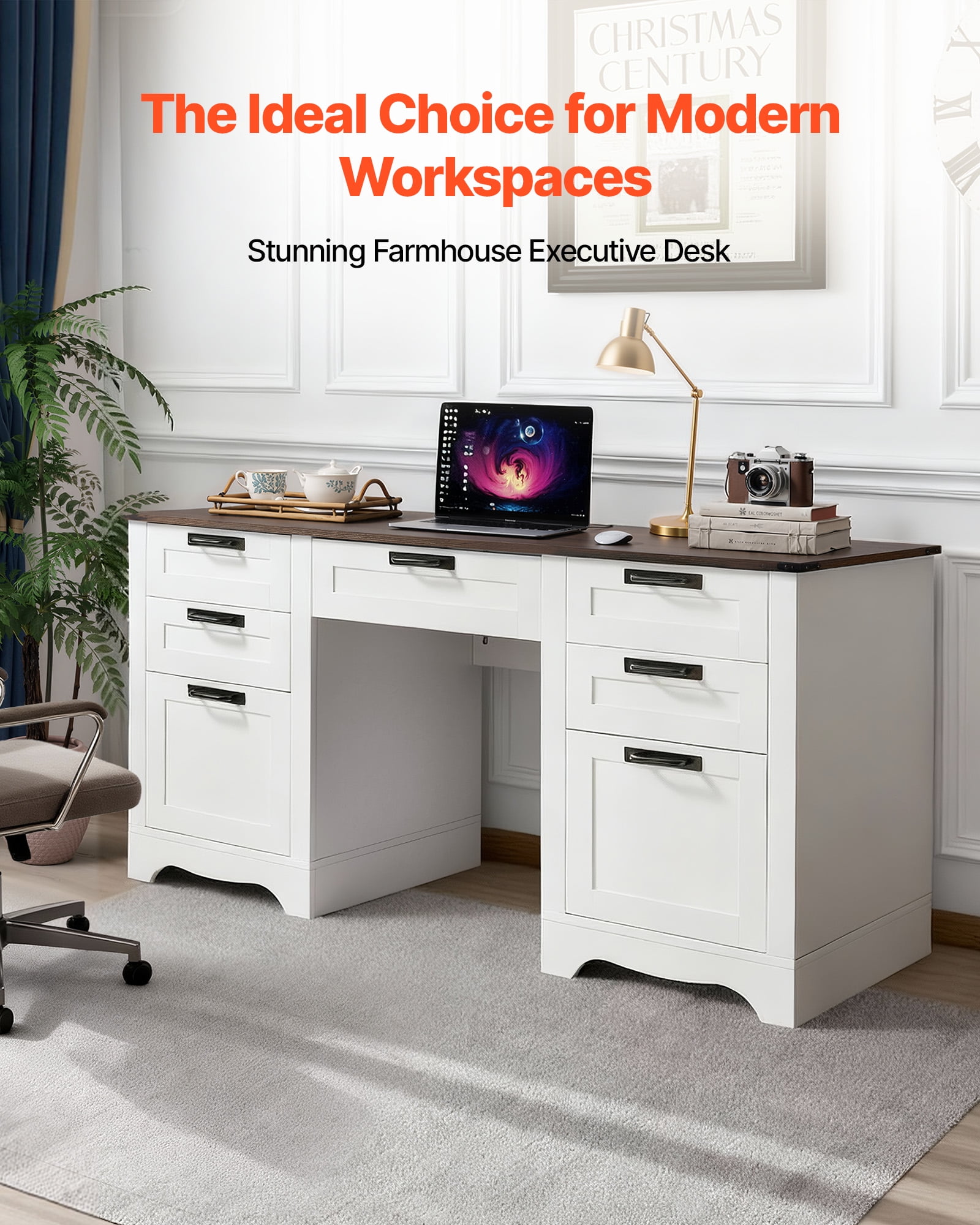VEVOR Executive Desk, Farmhouse Office Table with Charging Station, Heavy Duty Particle Board Executive Table with Storage Drawers, 200 LBS Load Capacity, Easy Assembly, for Work Study Writing
