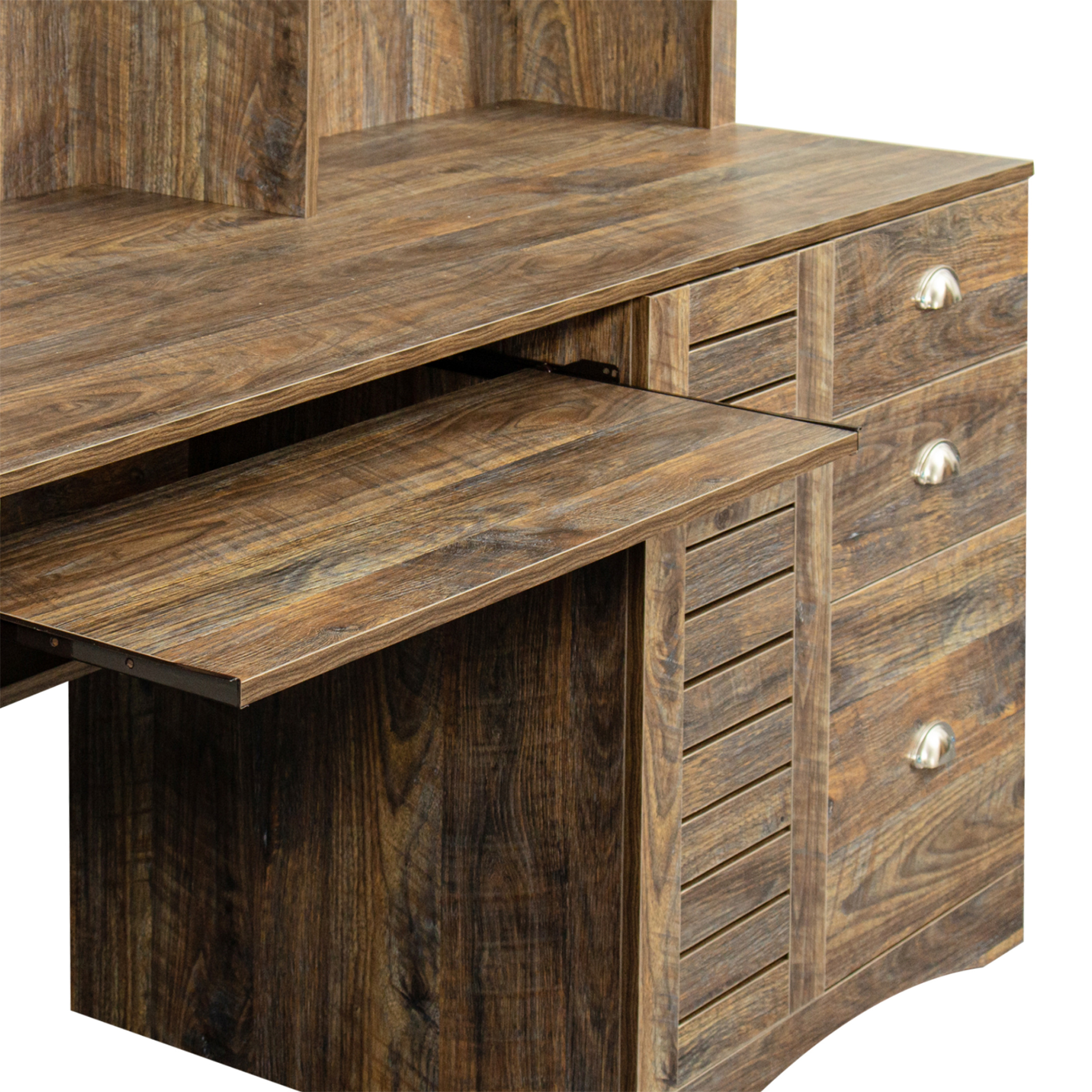 Aukfa 59" Computer Desk with Hutch for Home Office, 3 Drawers, Keyboard Tray, Brown