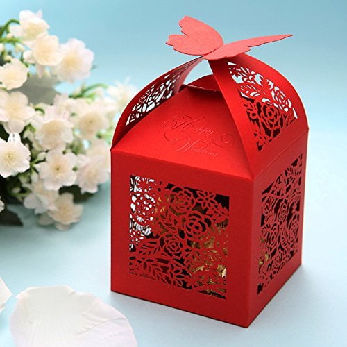 Krismile 50 Pack Red Laser Cut Butterfly and Flower wedding party favor box in pearlescent candy box,party show gifts,paper box for wedding