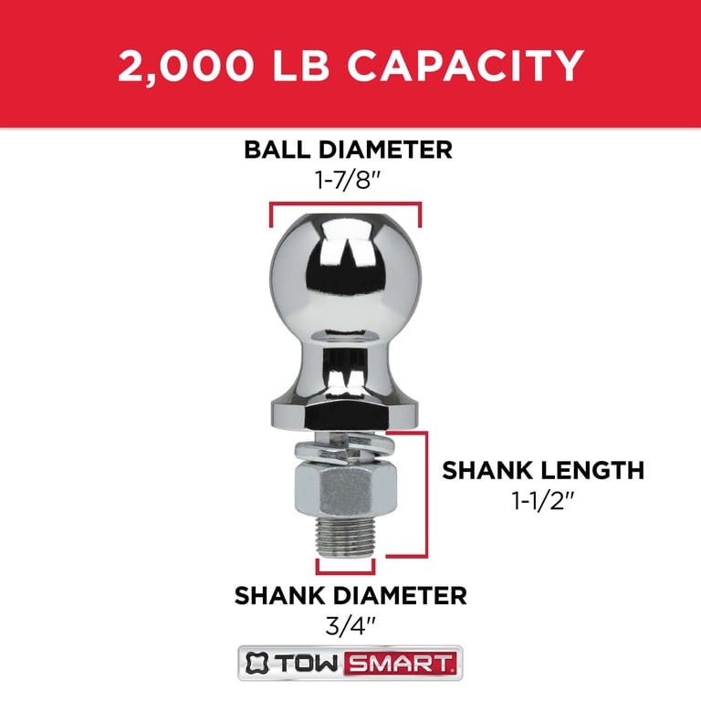 1-7/8 Trailer Hitch Ball x 3/4 Shank x 1-1/2 Length, 2,000 lb
