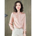 thumbnail image 4 of Blusa elegante de seda pura rosa de principios de otoño para mujer, jersey de manga larga con volantes y cuello redondo, camisa suave y elegante de alta gama a la moda, 4 of 5