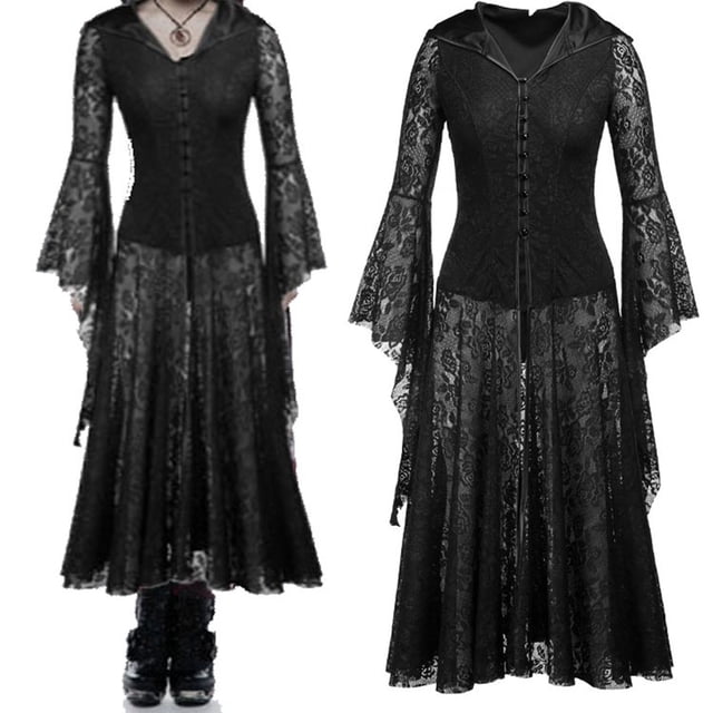 Robes Gothiques, Style Gothique pour Femmes Manches Longues Col en V à Capuche Couleur Unie Manches Cloche en Dentelle Style Rétro Robe Médiévale Robe Cocktail