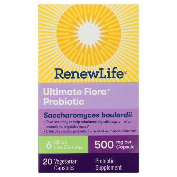 Renew Life Adult Probiotic - Ultimate Flora Saccharomyces boulardii Probiotic Supplement - Shelf Stable, Gluten, Dairy & Soy Free - 6 Billion CFU - 20 Vegetarian Capsules