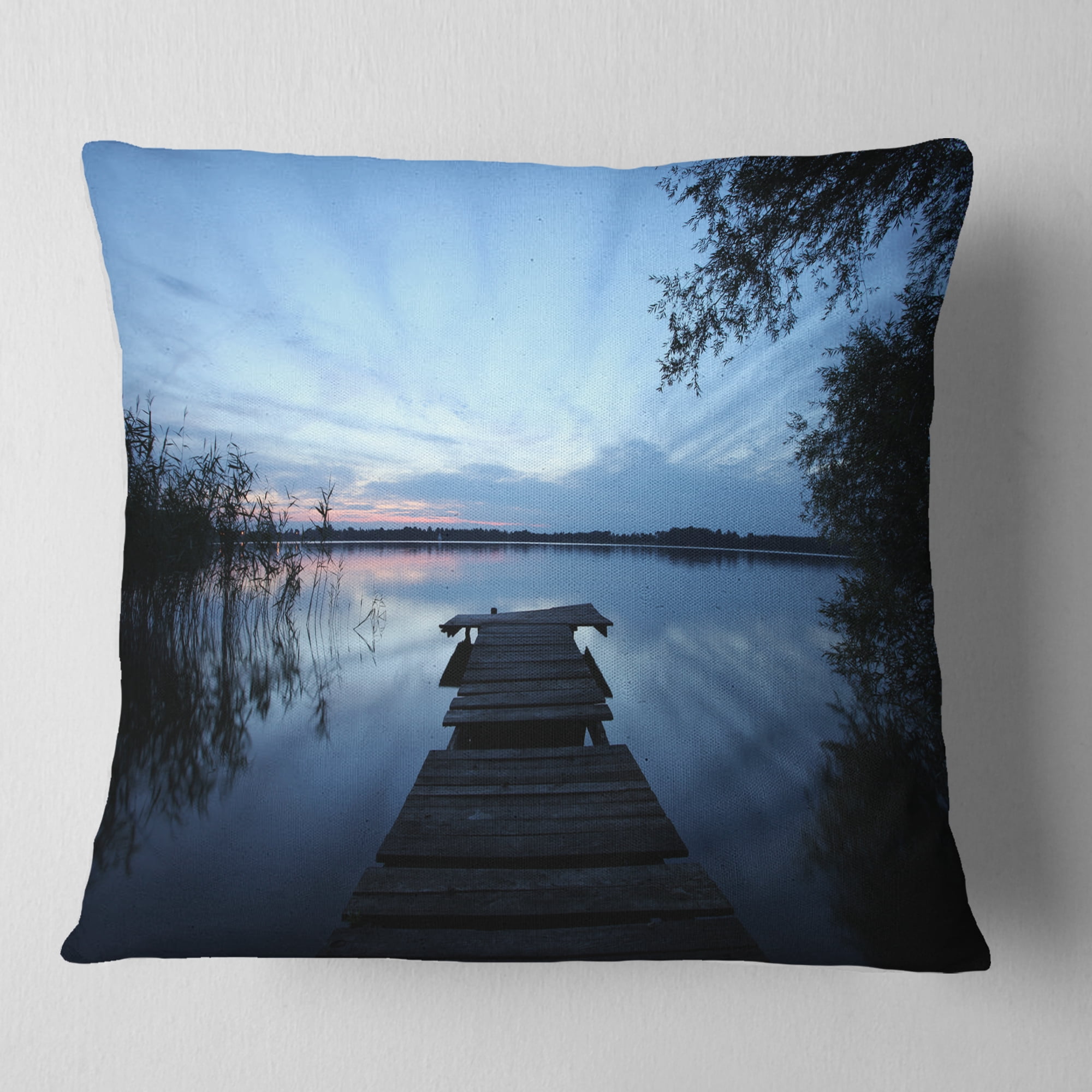 Designart Dark Wooden Pier in Lake - Seascape Throw Pillow - 16x16