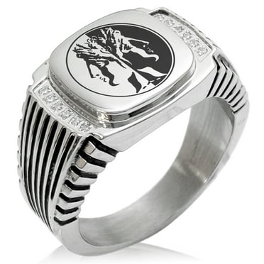 Stainless Steel Janus Greek God of Beginnings CZ Ribbed Needle Stripe Pattern Biker Style Polished Ring