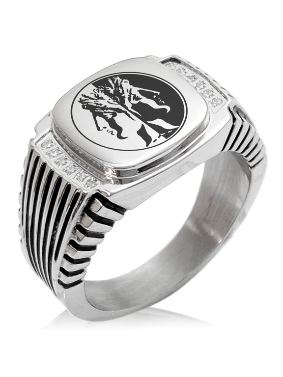 Stainless Steel Janus Greek God of Beginnings CZ Ribbed Needle Stripe Pattern Biker Style Polished Ring