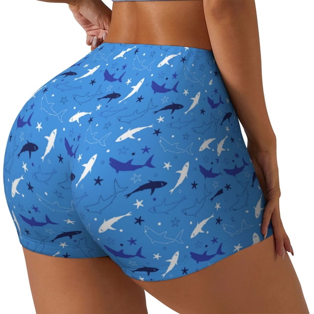 Balery Cute Shark Pantalones cortos de entrenamiento estampados para mujer, sin costuras, ajustados, para gimnasio, yoga, correr, deportes, ejercicio activo, fitness.-XX-Large