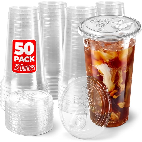 Vasos de plástico Shop Square de 950 ml con tapas para sorbos sin pajitas (paquete de 50)